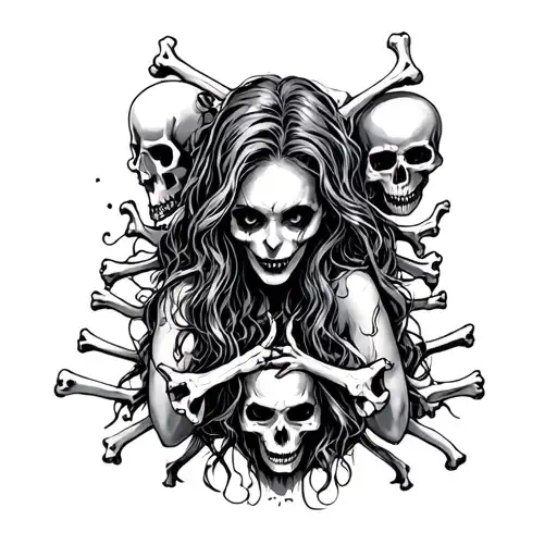 evil woman surrounded by bones and skulls  tattoo design idea
