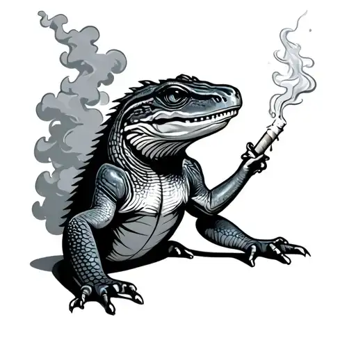 Lizard smoking a joint surrounded by smoke clouds tattoo design idea