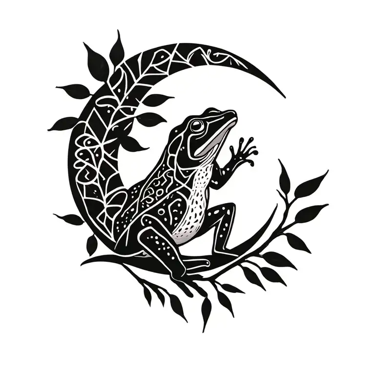 Kambo frog, ayahuasca branch with leaves, waning crescent moon tattoo design idea