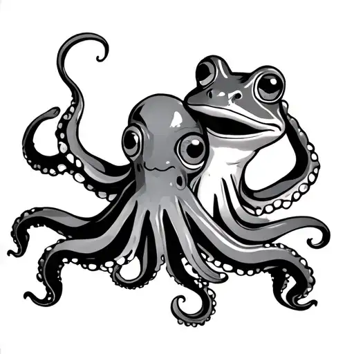 fine line cartoon octopus and frog hugging each other tattoo design idea