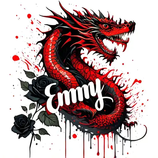 "Emmy" Dragon that wraps around a name written with a black rose  tattoo design idea