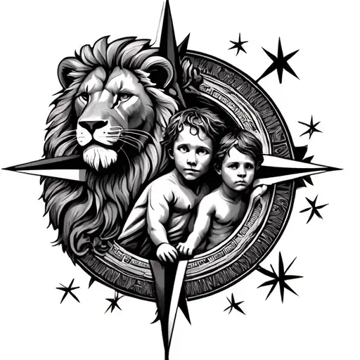 In the center a lion with a child to represent the father and son call, a compass and stars guide tattoo design idea