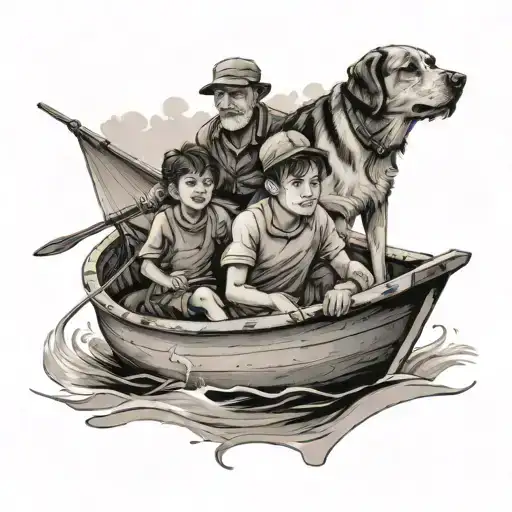 3 kids in a boat with dad and dog tattoo design idea