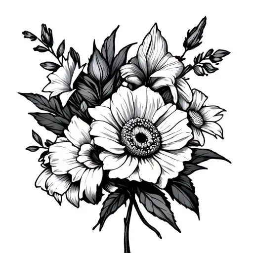  Rose daisy gladiolus daffodil narcissus honeysuckle bouquet tattoo stencil black and white  tattoo design idea