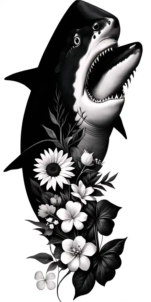 shark with chrysanthemum, primrose, aster, sunflower, magnolia, plumeria, and a four leaf clover tattoo design idea
