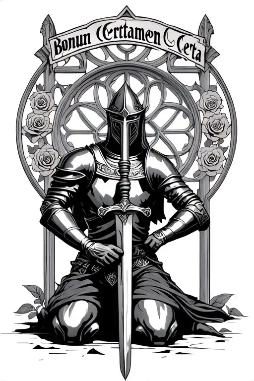 "Bonum Certamen Certa" Knight kneeling down with sword front view, gothic rose window in tha background, and the text  tattoo design idea