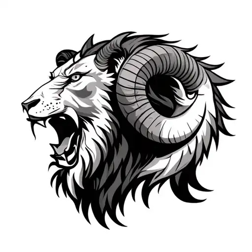 head of a enraged lion merges with a ram tattoo design idea