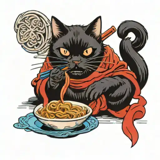 black cat eating noodles tattoo design idea