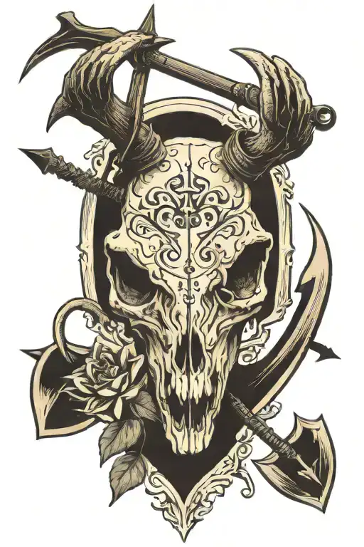 deer skull combined with an arrow and fishing hook   tattoo design idea