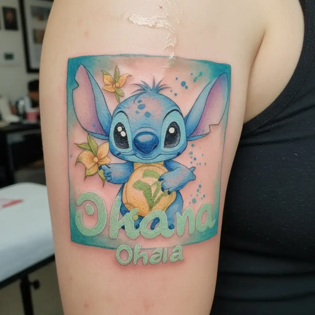 Stitch holding the word "Ohana" tattoo design idea