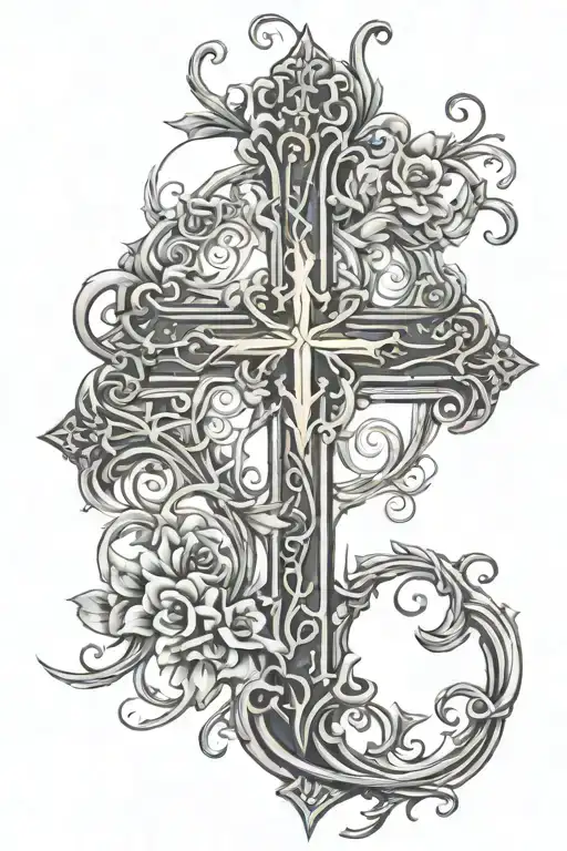 fancy vine cross with a rise in the middle, and the bottom of the cross being replaced with words saying god is within  tattoo design idea