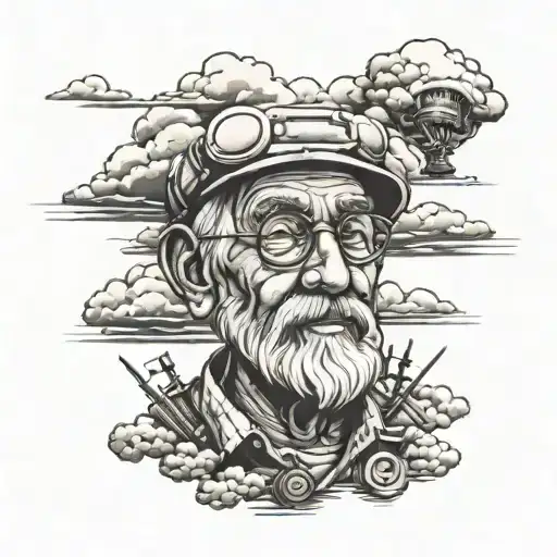 Grandpa, ideas, craftsman, tinkerer, hobbyist, dead behind him clouds, sky tattoo design idea