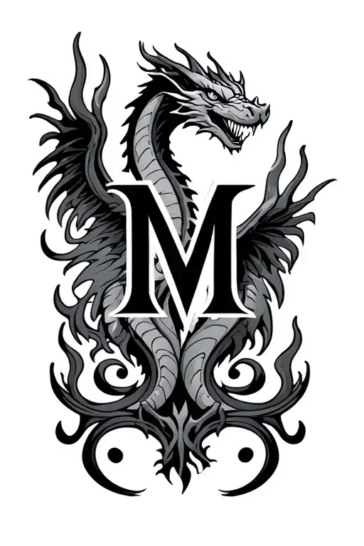 fourth wing dragons with scrolling swirls, the initial M, and flames  tattoo design idea
