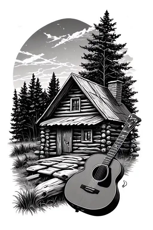 Log Cabin With An Acoustic Guitar Nature Scene  tattoo design idea