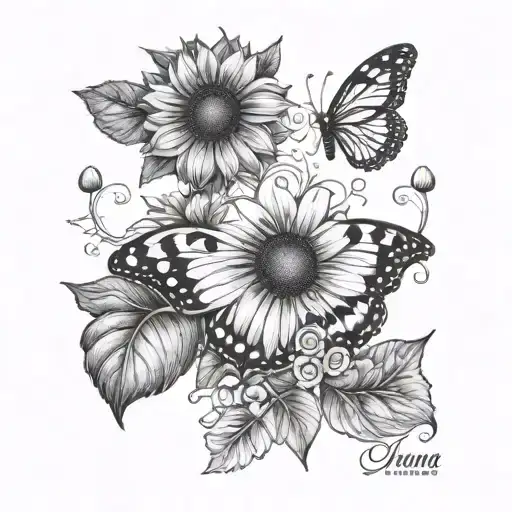 Small sunflower small butterfly small ladybug and the word ohana  tattoo design idea