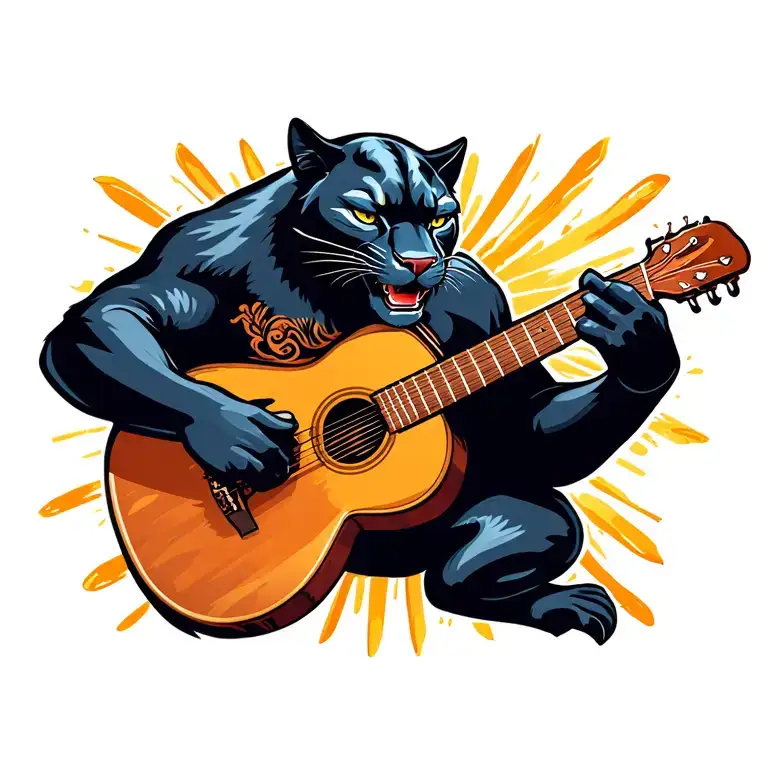 black panther animal playing a guitar tattoo design idea