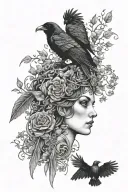 The Morrigan depicted with a raven perched, realism tattoo design idea