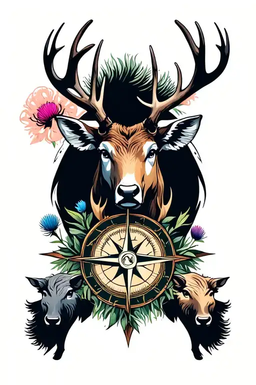 stag and boar with thistles and a compass with 3 different geographical locations. tattoo design idea
