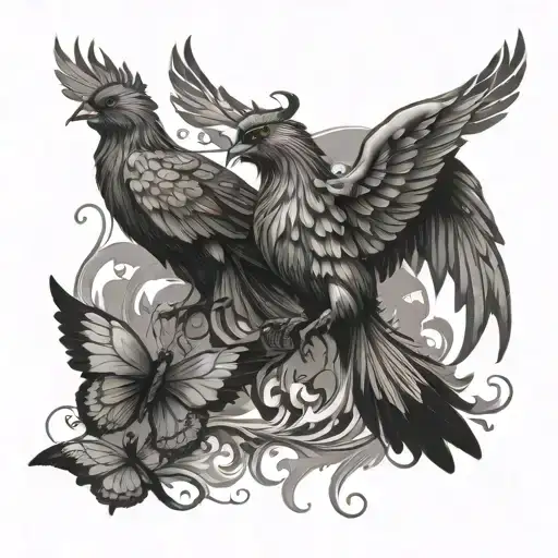 phoenix, butterflies flying tattoo design idea