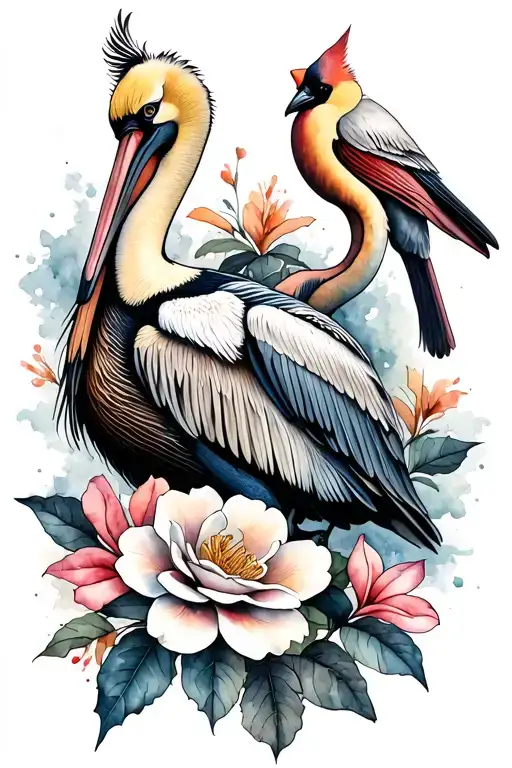 Pelican+cardinal+camelia tattoo design idea