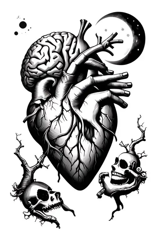 heart and brain and full moon and puppet master tattoo design idea