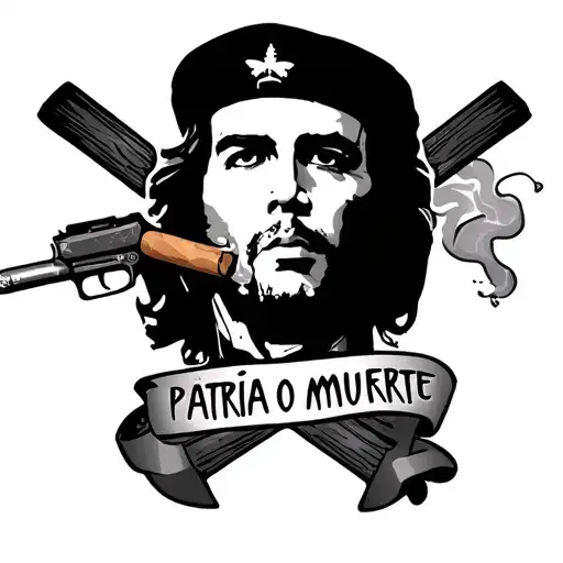 Che Guevara’s face, the smoke from a cigar AK-47 crossed banner with the phrase “patria o muerte” tattoo design idea