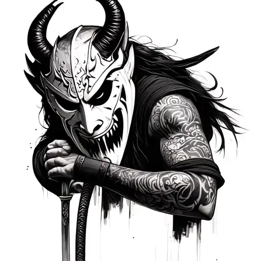 a sketch of a portrait from the waist up of a samurai with a devil mask and a katana in his hand, close to his face, and tattoo design idea