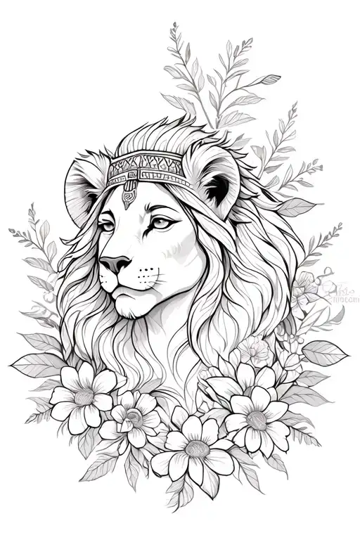 Sekhmet woman lioness surrounded by flowers tattoo design idea