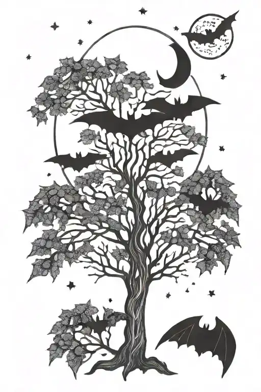 trees bats moon stars tattoo design idea