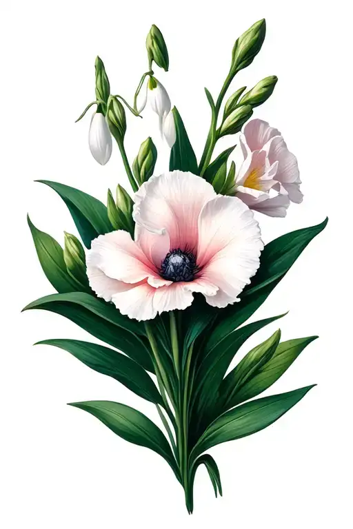 gladiolus, carnation, snowdrop, poppy flower tattoo design idea