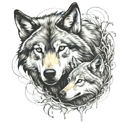 wolf protecting cub with looking menacing tattoo design idea