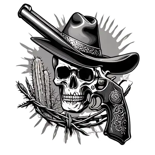 Realism, Black and Gray, Mexico, cartel, revolver, barbed wire, cactus, sombrero tattoo design idea