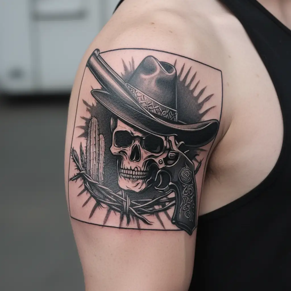 Realism, Black and Gray, Mexico, cartel, revolver, barbed wire, cactus, sombrero tattoo design idea