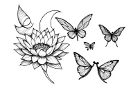 Fine line, 5 butterflies, 1 dragonfly, moon, lotus flower, Mandela, flowers tattoo design idea