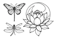 Fine line, 5 butterflies, 1 dragonfly, moon, lotus flower, Mandela, flowers tattoo design idea