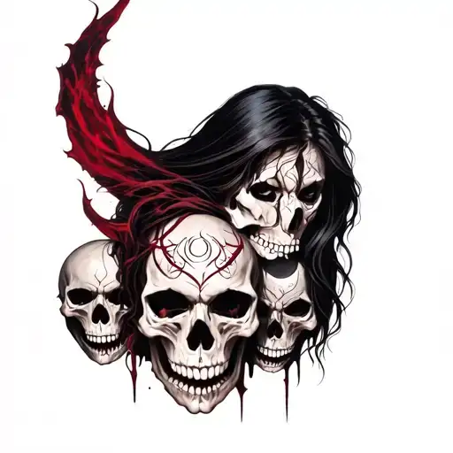 Dark signs, a woman's face, demonic inscriptions, six skulls tattoo design idea