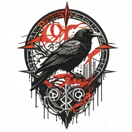 raven , nordic runes, lines around it, nordic themed tattoo design idea