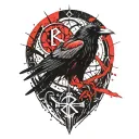 raven , nordic runes, lines around it, nordic themed tattoo design idea