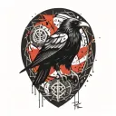raven , nordic runes, lines around it, nordic themed tattoo design idea