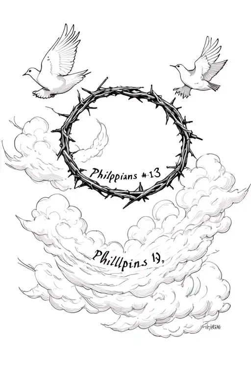 Philippians 4:13 written with a crown of thorns written on the forearm finished arm with clouds and doves  tattoo design idea