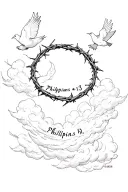 Philippians 4:13 written with a crown of thorns written on the forearm finished arm with clouds and doves  tattoo design idea