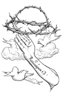 Philippians 4:13 written with a crown of thorns written on the forearm finished arm with clouds and doves  tattoo design idea