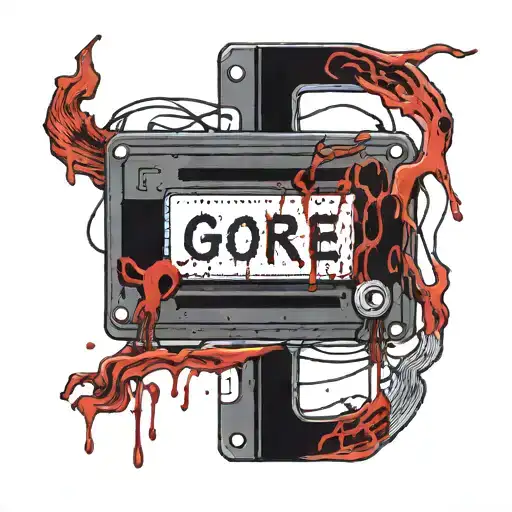 A bloody VHS tape with the word "GORE" written on the tape. tattoo design idea