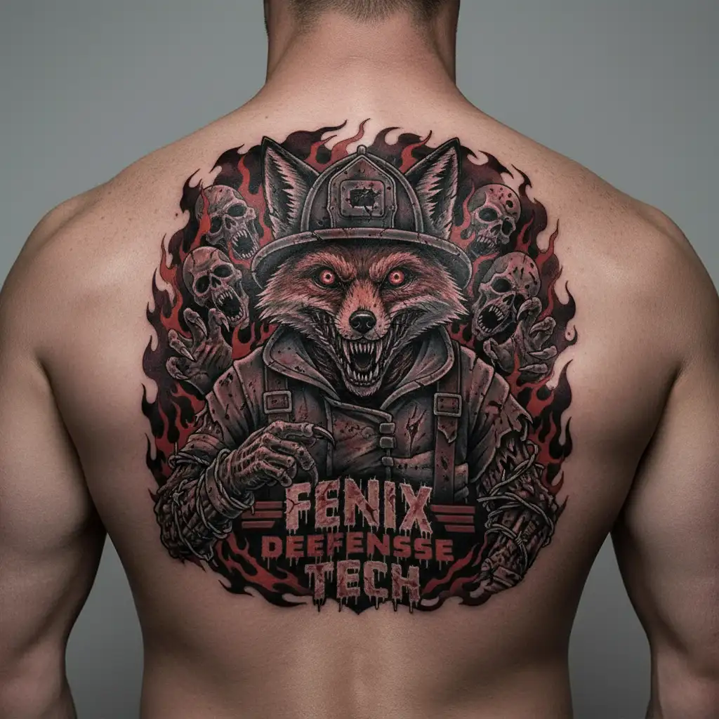 "Fenix Defense Tech" Fox wearing firefighter gear, surrounded by flames tattoo design idea