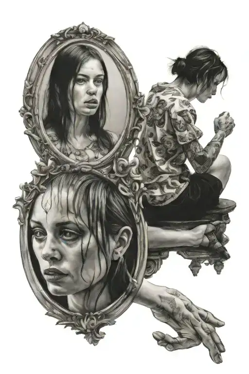 girl looking in the mirror sad and reflection is of ger ugly parts tattoo design idea