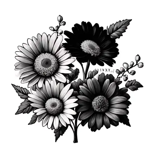 daisy flowers and sweat pea flower with the vine writing out  IV・XXI・MMV in stencil-form that will go in the middle of t tattoo design idea