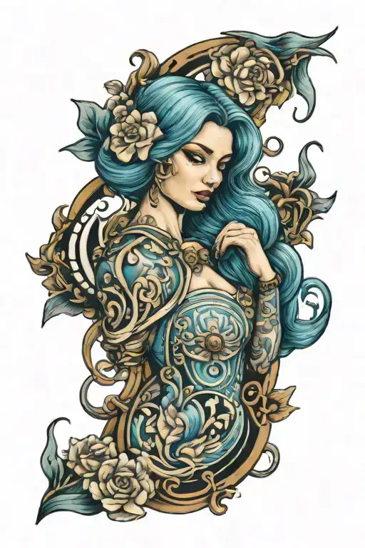 aquarius tattoo, girl in detail tattoo design idea
