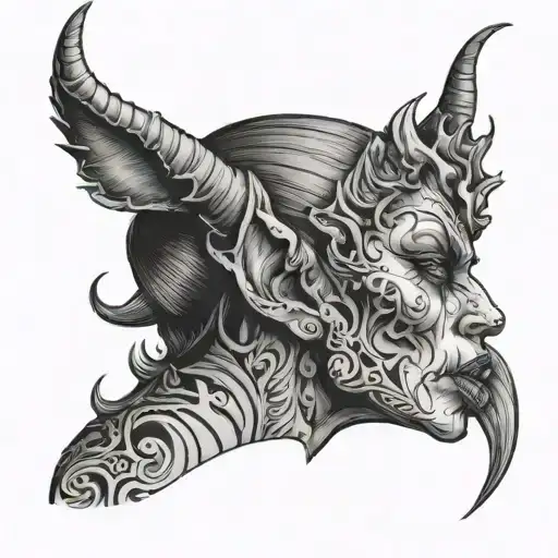 demon lady head profile with her fingers in her mouth tattoo design idea