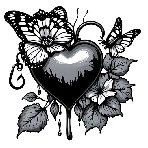 bleeding heart flower with butterfly and fishing hook tattoo design idea