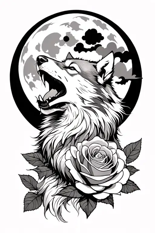 motorcycle rose wolf howling at the moon tattoo design idea